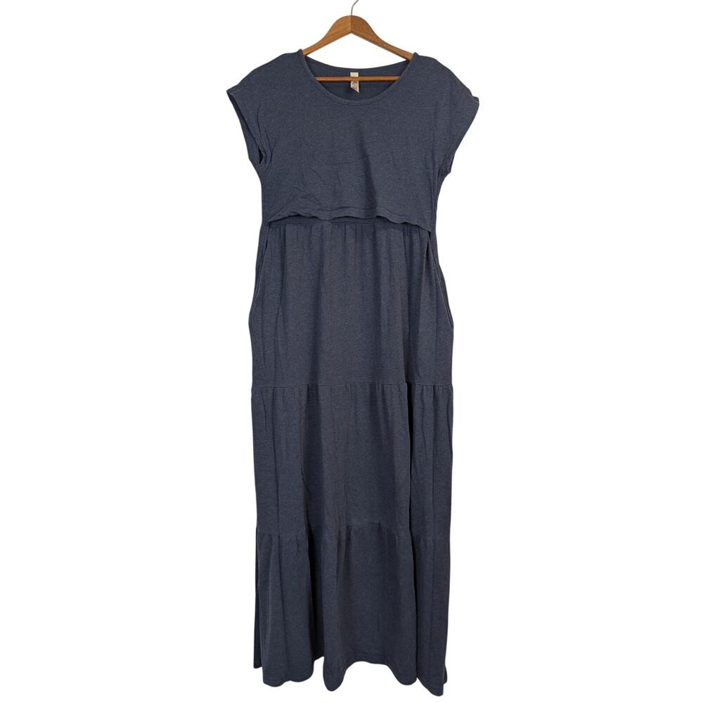 Latched Mama Maxi Dress Tiered Nursing Maternity Navy Blue Classic Beachy Small